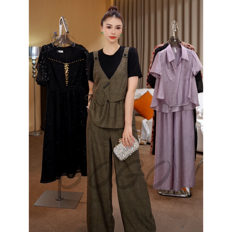 日不落 G6221时尚套装女夏季新款洋气遮肉短袖气质减龄两件套