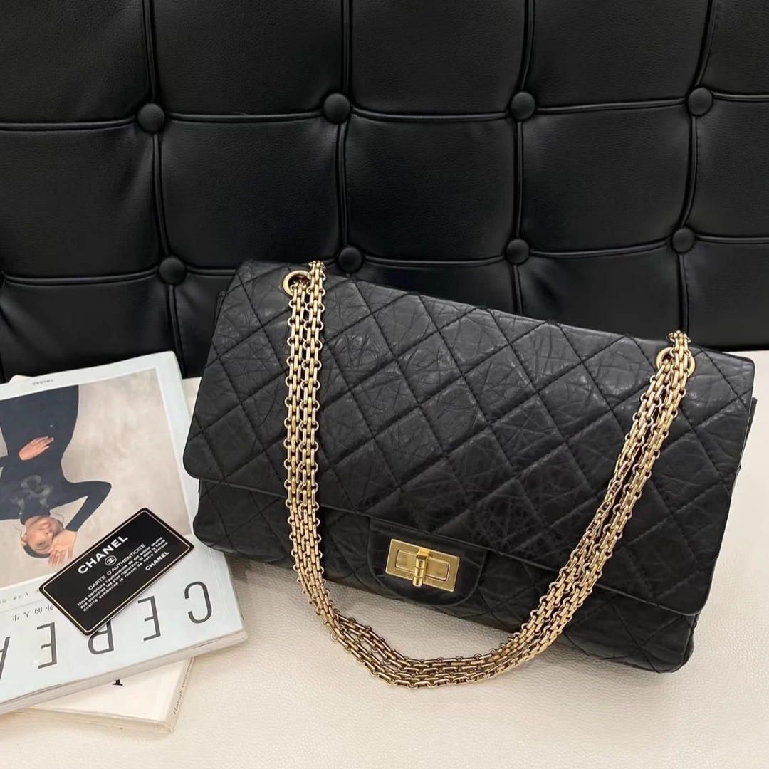99新 Chanel/香奈儿 4571|香奈儿2.55单肩包中大号黑金牛