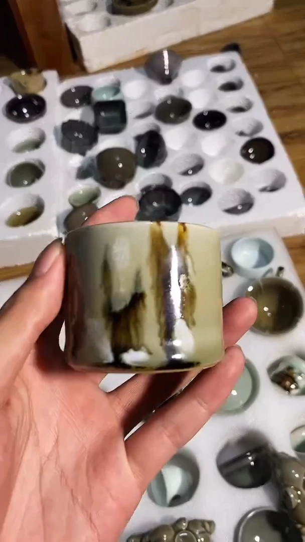 【山隐青瓷】龙窑柴烧杯子 点彩粉青窑变扳指杯   40CC