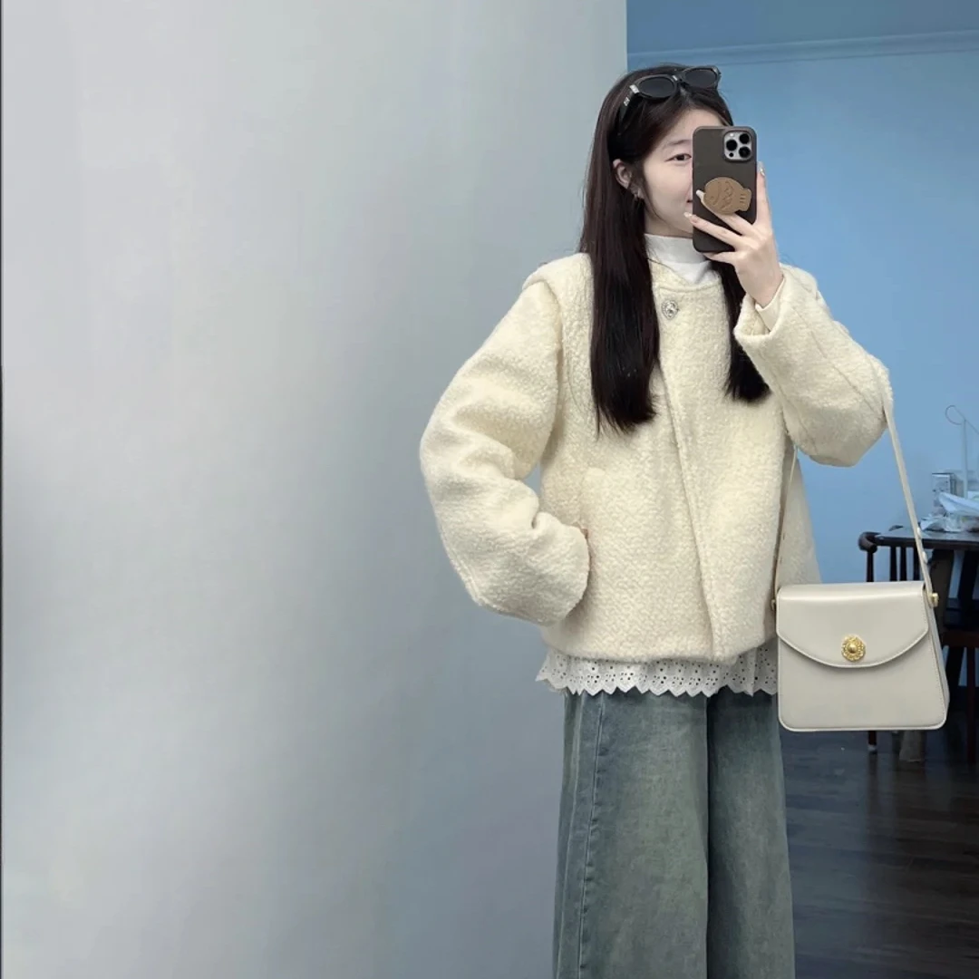 2024新款冬季穿搭一整套毛呢外套女毛绒绒上衣百搭牛仔裤两件套装