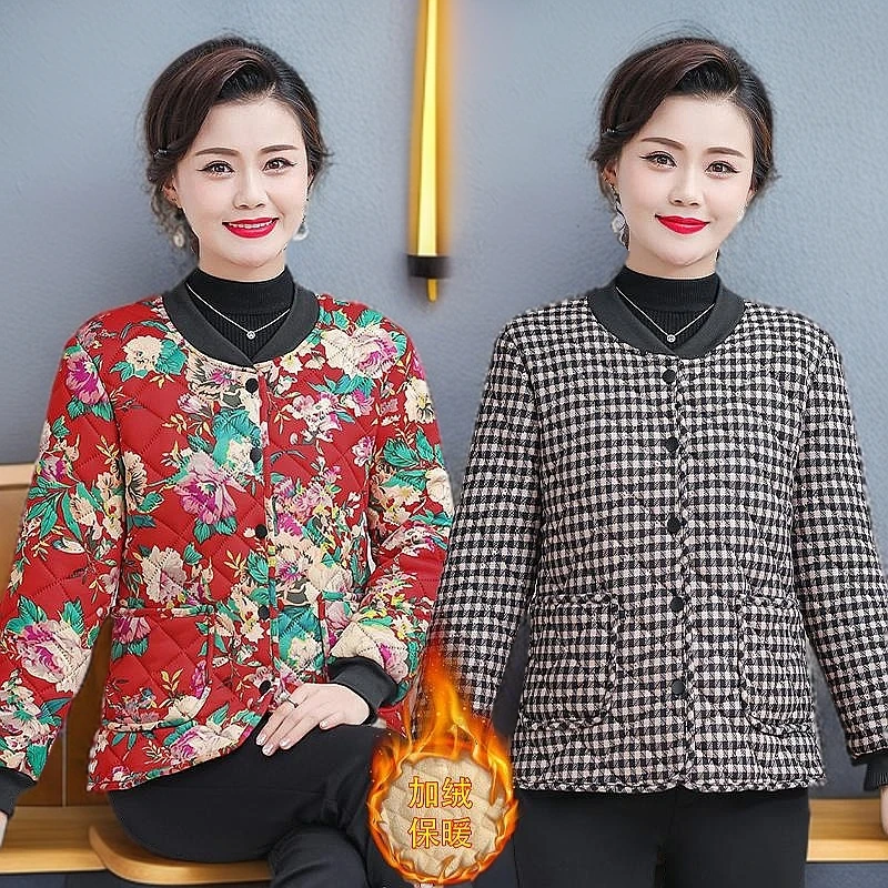 妈妈装短款加绒小棉衣中老年大码女士保暖秋冬新款加厚外套