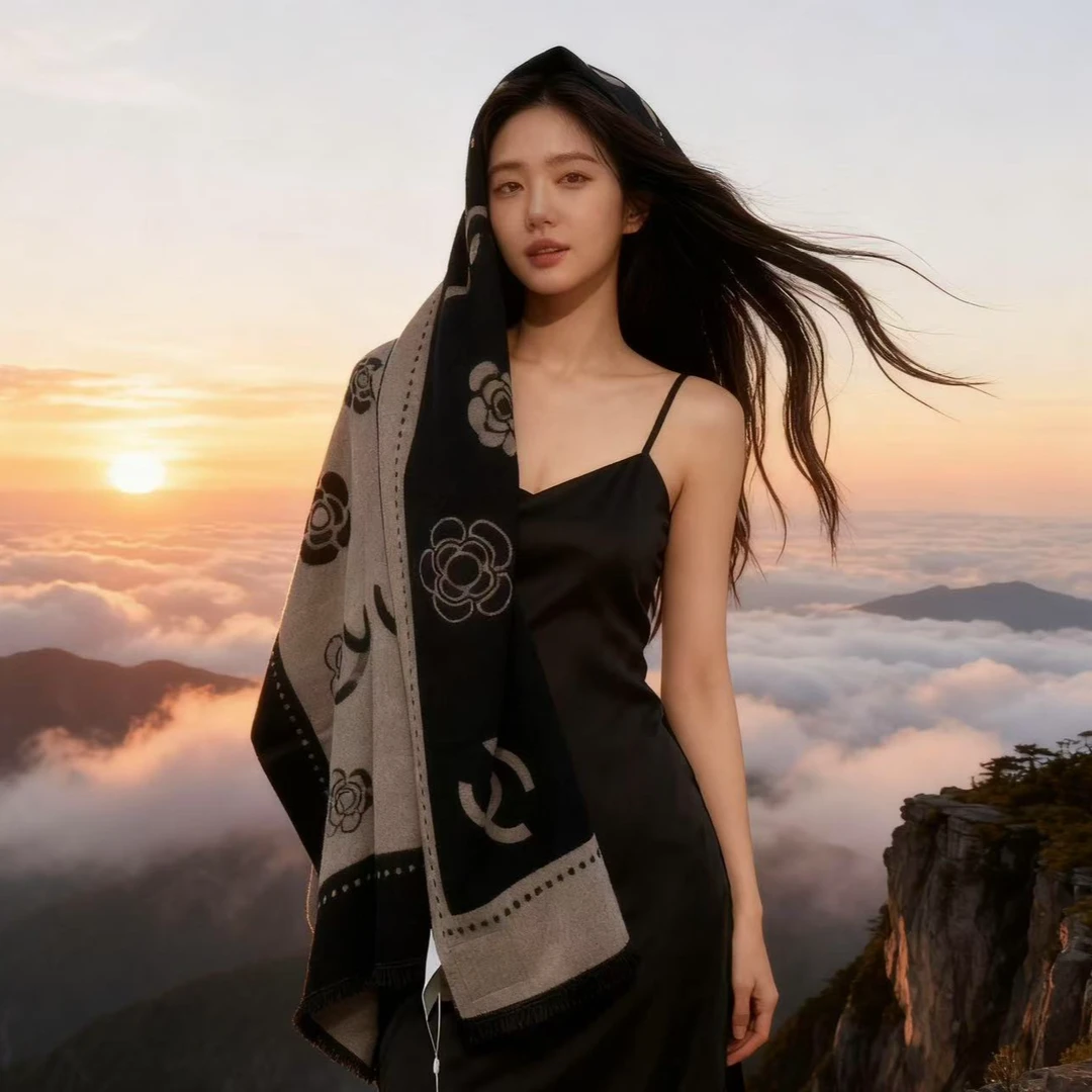 经典山茶花女法式商务厚款保暖成人围巾长款提花民族风印花