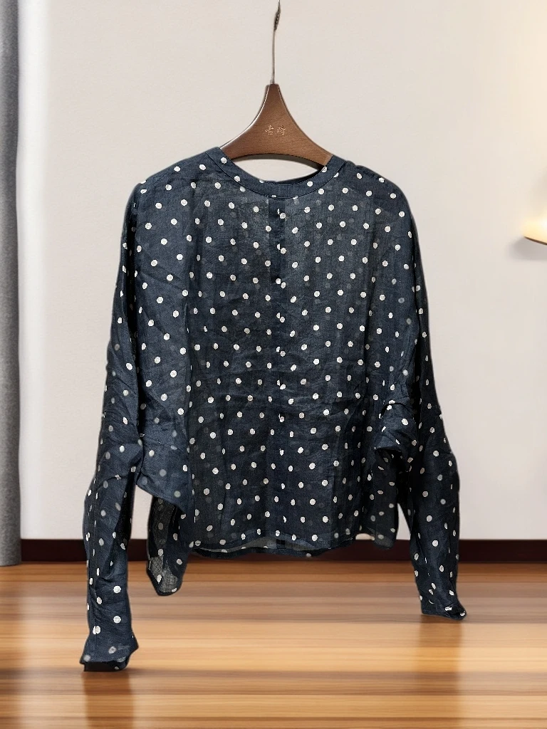 【古琦推荐】2025早秋新款苎麻圆领点点落肩设计休闲长袖衬衫82601