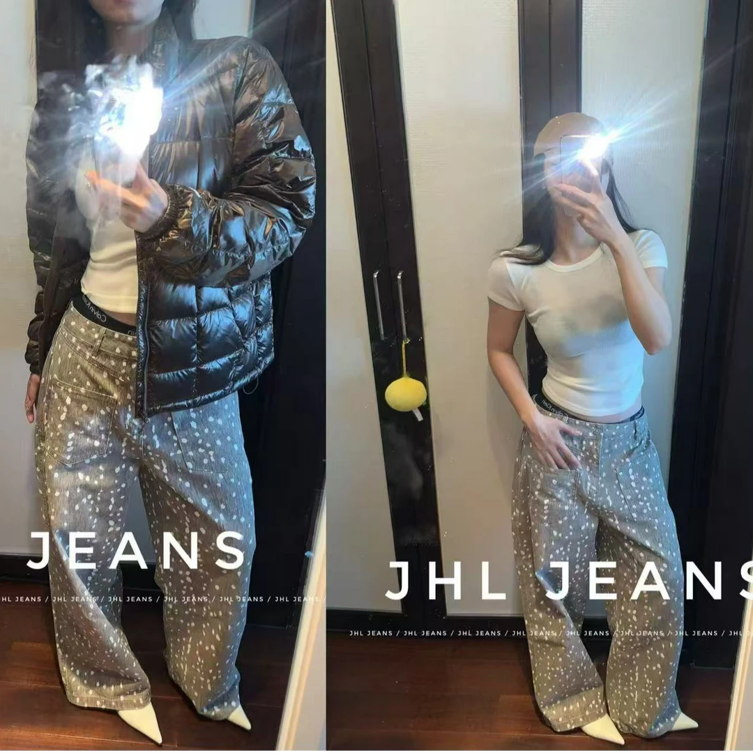 十三行白白家-夏季新款小众设计不规则波点印花牛仔裤#58273