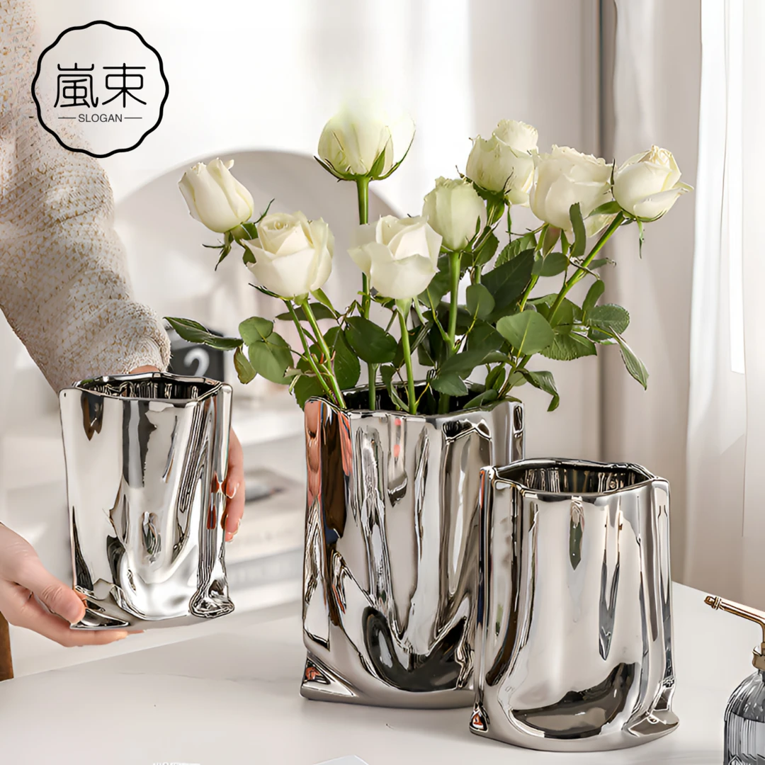 现代陶瓷褶皱电镀高档花瓶大清仓水养鲜花客厅插花装饰水培器皿