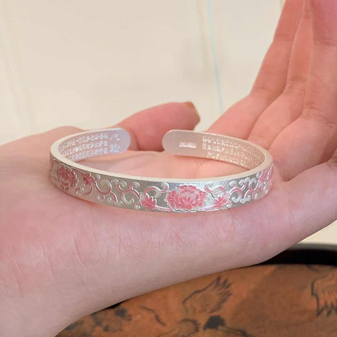 足银手镯 A75国风新中式珐琅彩银9999粉牡丹百搭手镯高级时尚简约