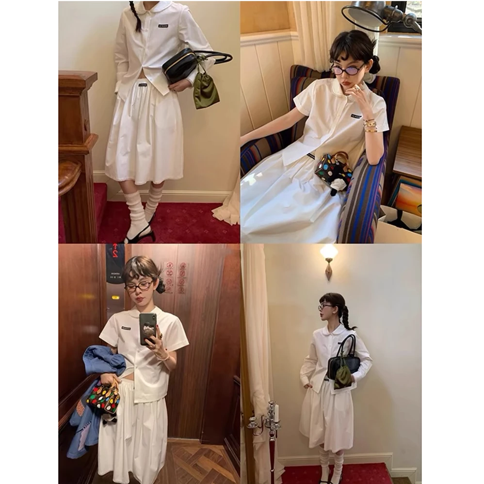 高端货~花边领白衬衫女上衣学院风春夏新款时尚套装a字白色半身裙