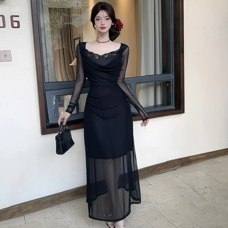法式超仙甜美网纱拼接蕾丝长袖连衣裙辣妹纯欲风性感气质收腰长裙
