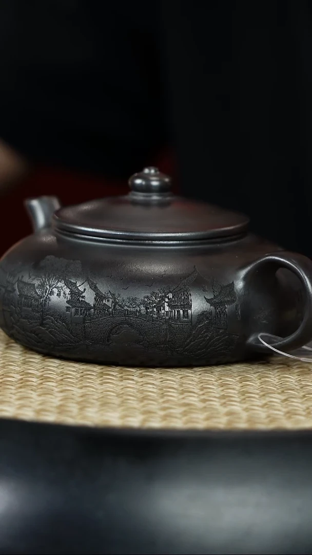 茶壶紫砂石黄 寒江 刻绘