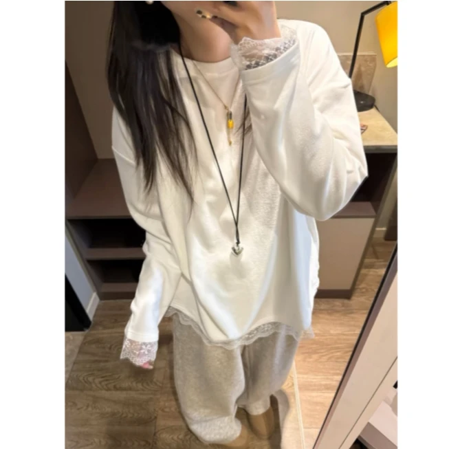 【蕾丝T恤】春款新款宽松简约基础白色蕾丝内搭打底衫（不加绒）