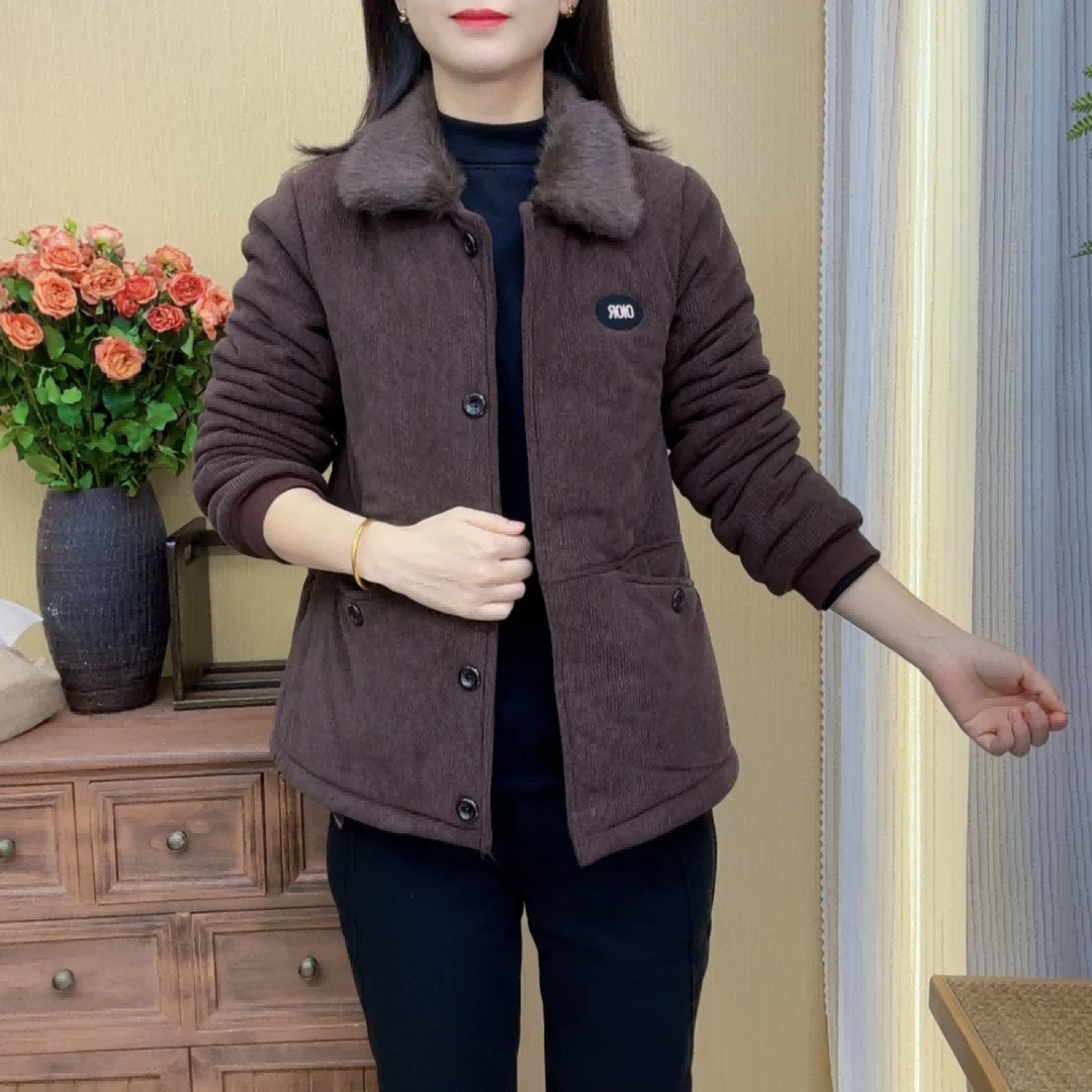 2025冬季新款毛领加绒百搭妈妈装气质加厚女士保暖棉服