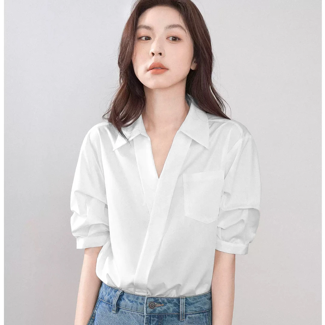 白色衬衫女士夏季法式气质衬衣v领短袖上衣宽松小众通勤衬衣短袖