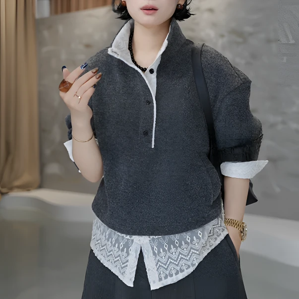 冬季叠穿蕾丝假两件半高领卫衣女时尚新款胖MM高级感加厚灰色上衣