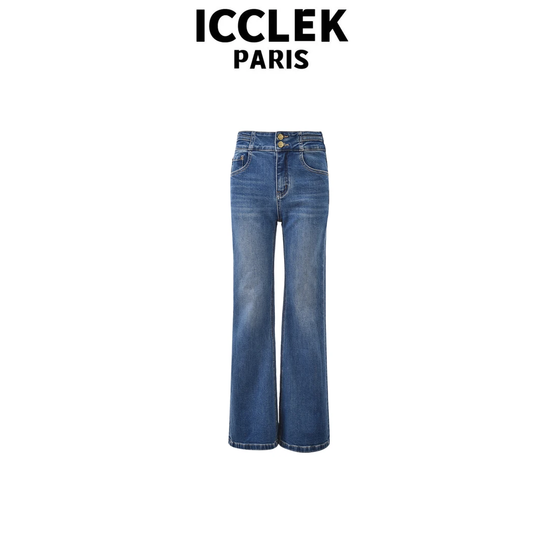 ICCLEK 设计师款蓝色高腰加绒直筒休闲百搭通勤时尚牛仔裤 - 9349