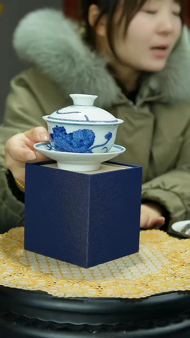 【闪购商品】官窑瓷画院345官窑瓷画院荷花鸳鸯三才盖碗