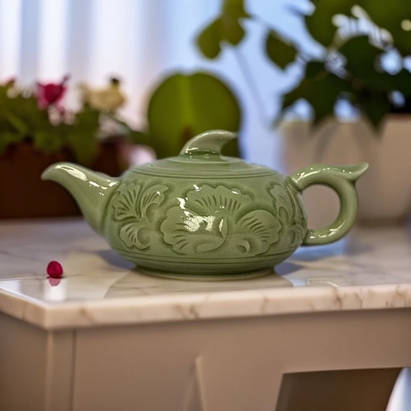 【觀文荐瓷】耀州窑青瓷手工刻花200ml一帆风顺壶茶壶