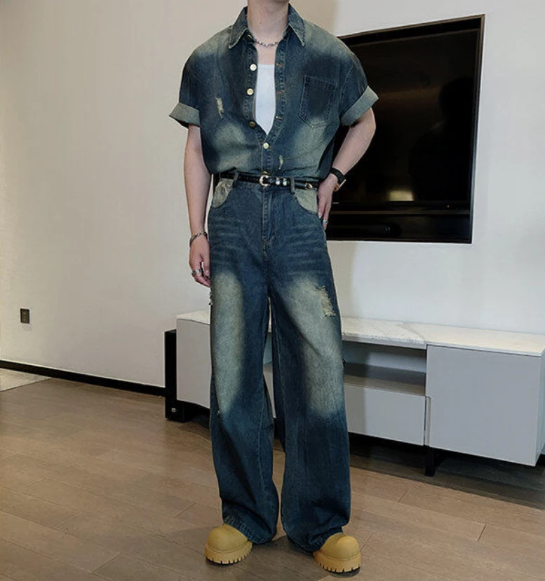 夏季美式复古水洗做旧破洞短袖牛仔衬衫套装男直筒长裤痞帅两件套