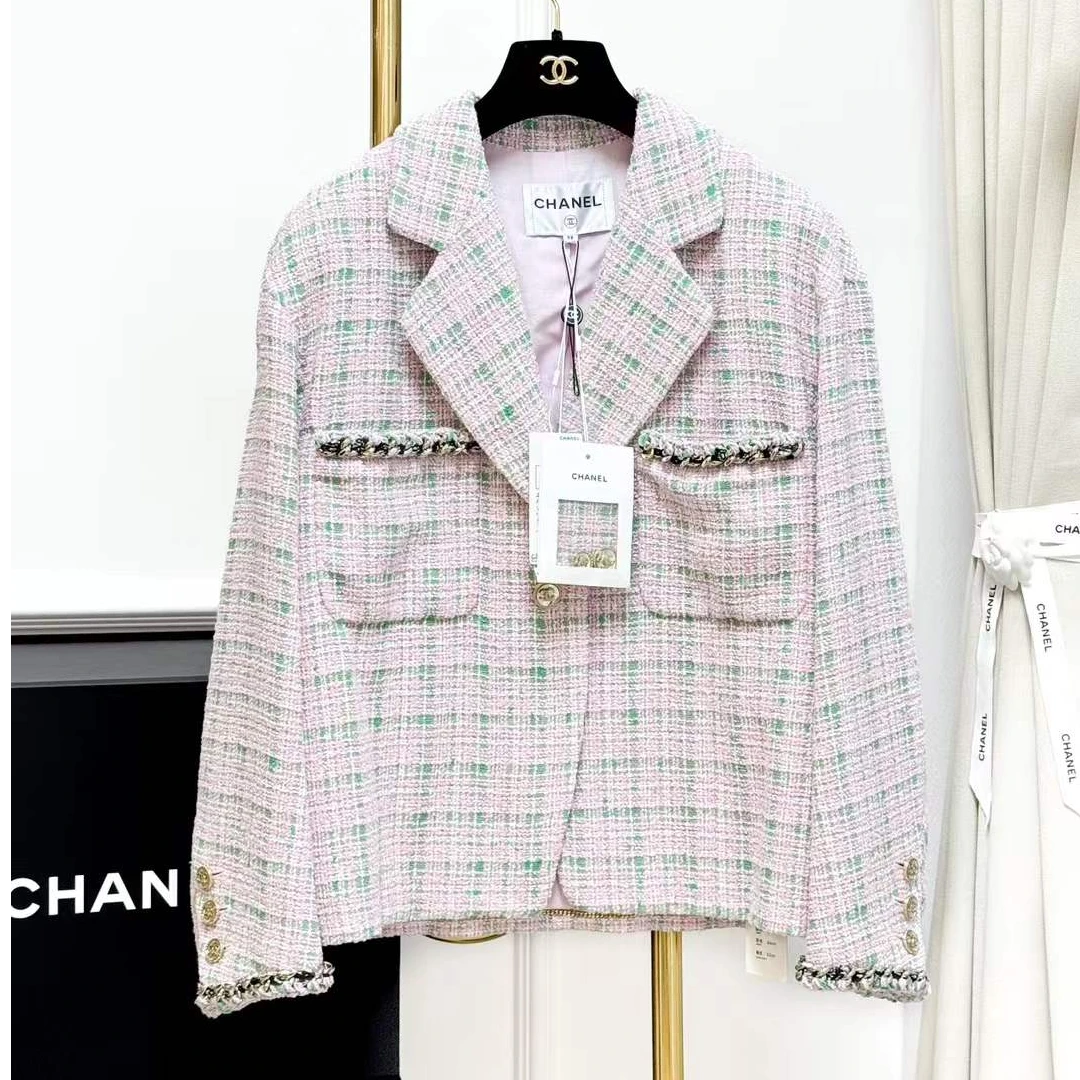 99新 Chanel/香奈儿 38码21S春夏粉绿格纹廓形外套