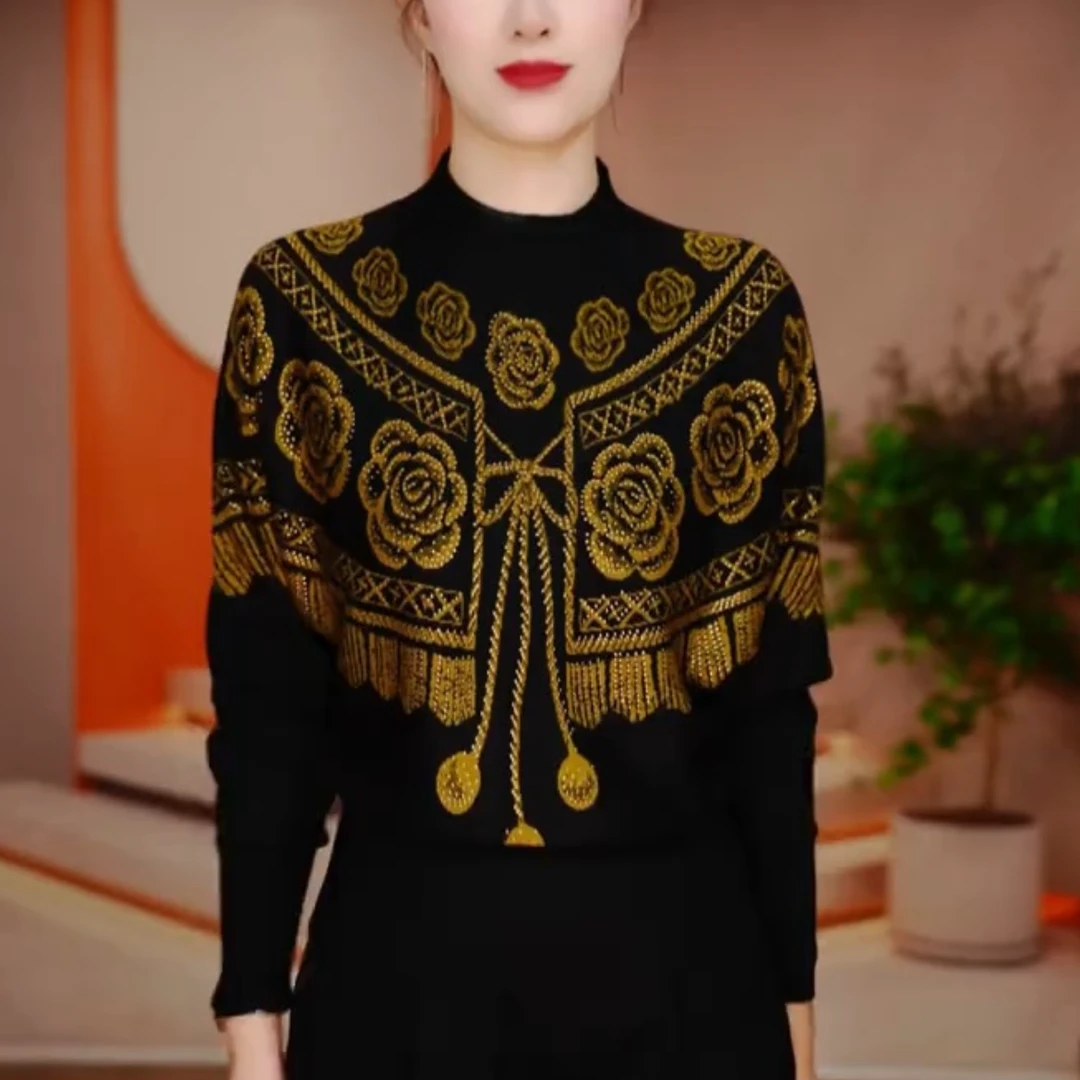 高档女士休闲洋气半高领针织衫秋冬新款时尚百搭套头显瘦打底上衣