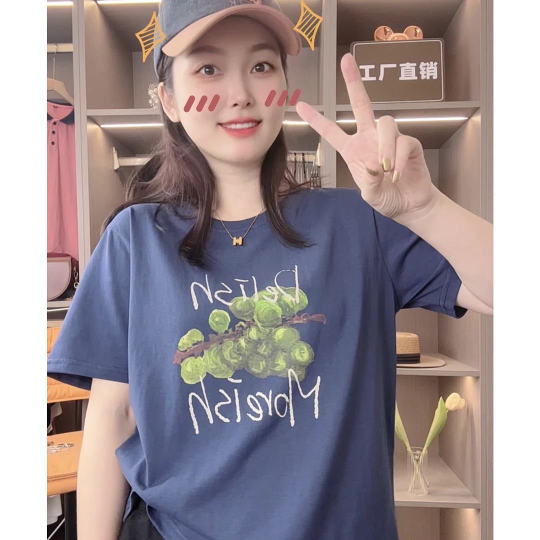 【油画葡萄】雪花竹节麻~字母无感印花短袖T恤女夏季新款圆领