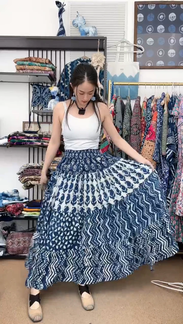 【闪购商品】183印度长绒棉拓印蓝染半身裙92cm长