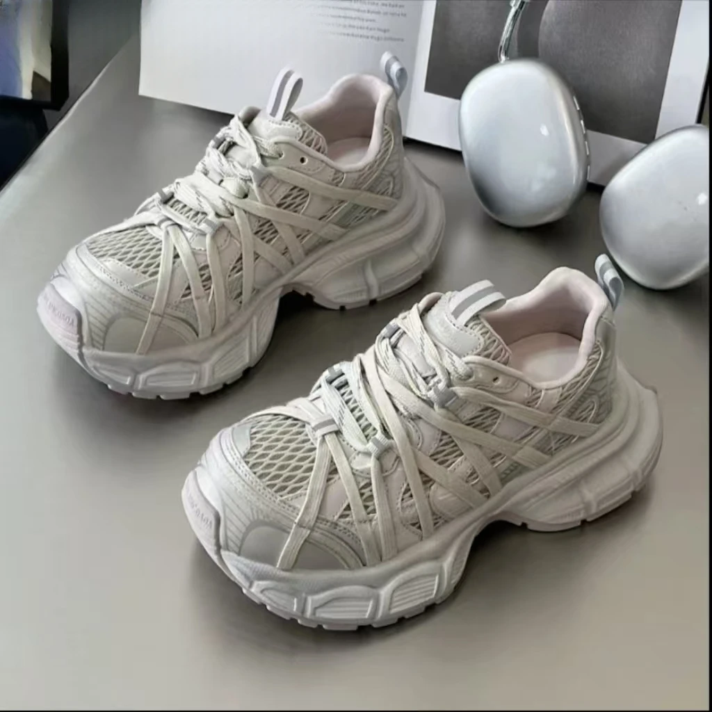 2025春夏新款蜘蛛网老爹鞋女网面透气增高厚底百搭休闲运动女鞋