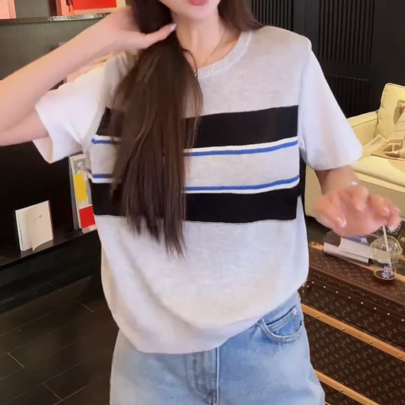 2025春季韩系新款百搭休闲撞色假两件条纹针织上衣LK2503015