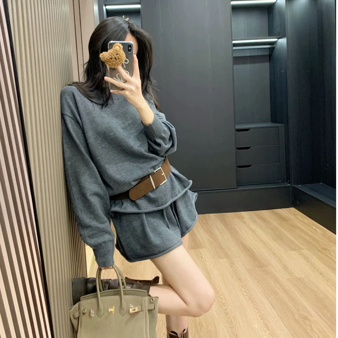 休闲套装慵懒风卷边宽松毛衣针织衫上衣女秋冬阔腿高腰短裤两件套