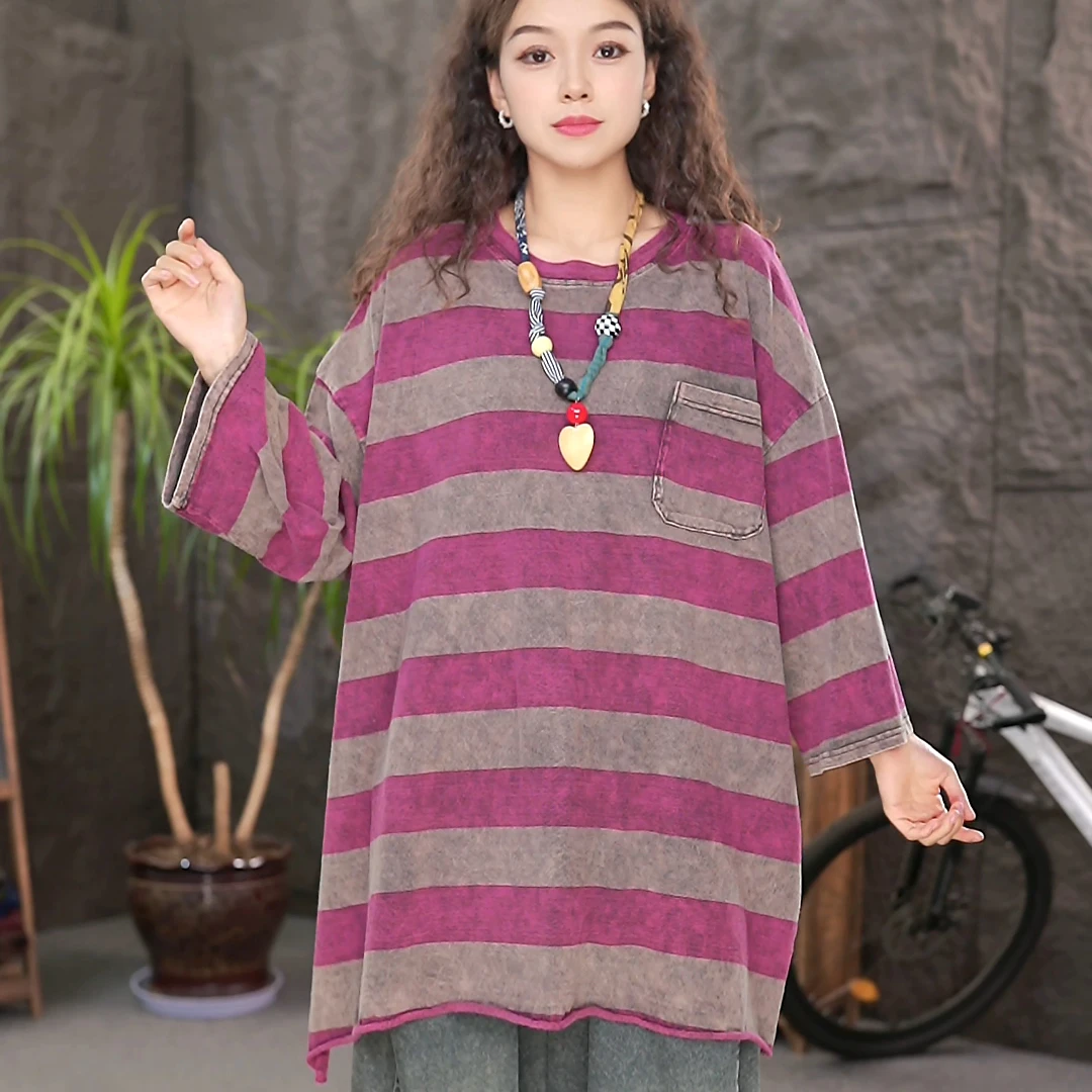 LL大版纯棉T恤条纹长袖圆领大码宽松百搭上衣（衣长80cm)