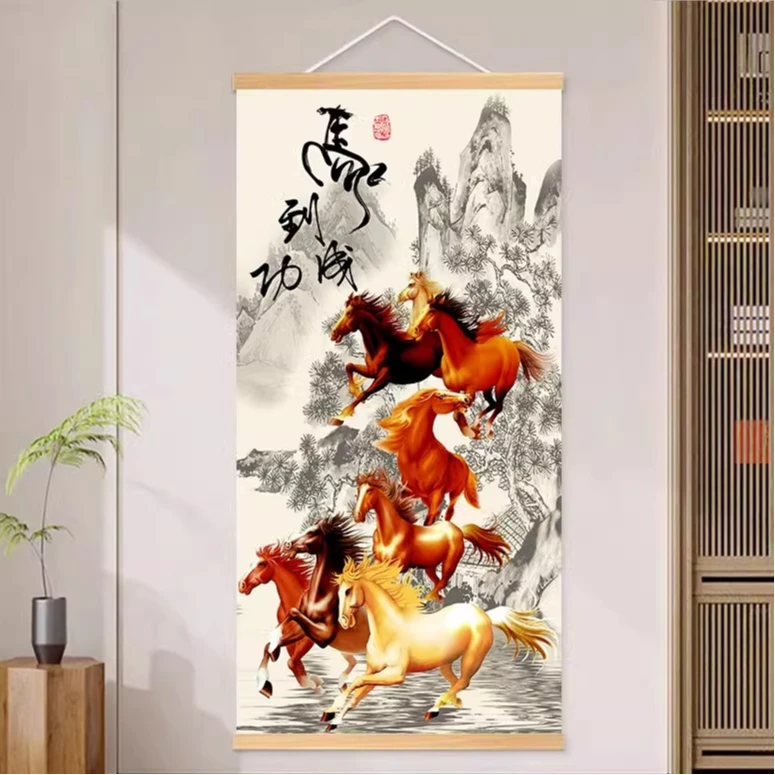 【马到成功】新中式现代装饰画新中式玄关书房挂画卷轴画实木油画布