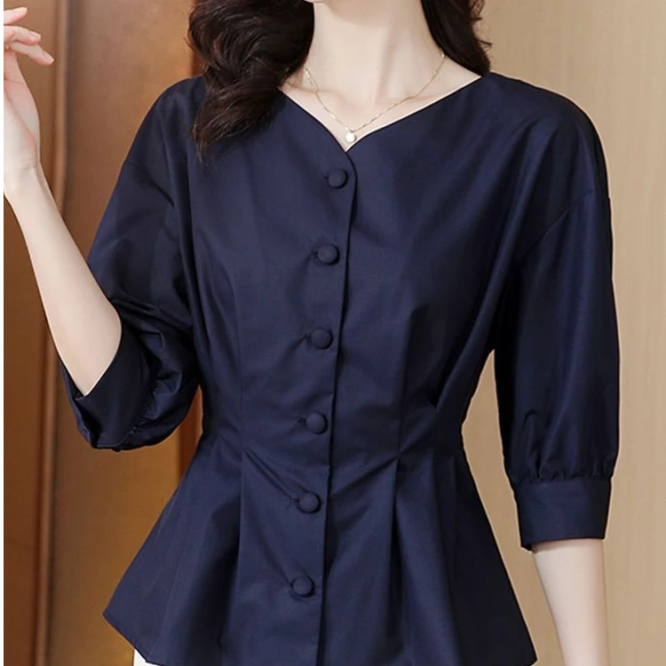 2025夏季蓝色雪纺打底衫t恤女高档洋气休闲法式收腰v领七分袖上衣