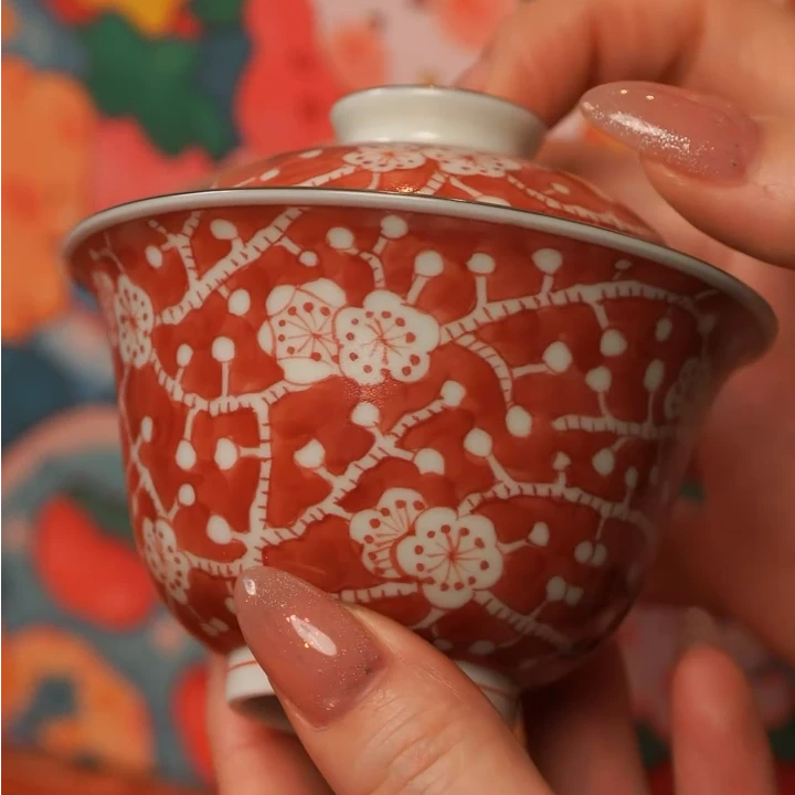 雨溪山房/红绿彩红梅盖碗