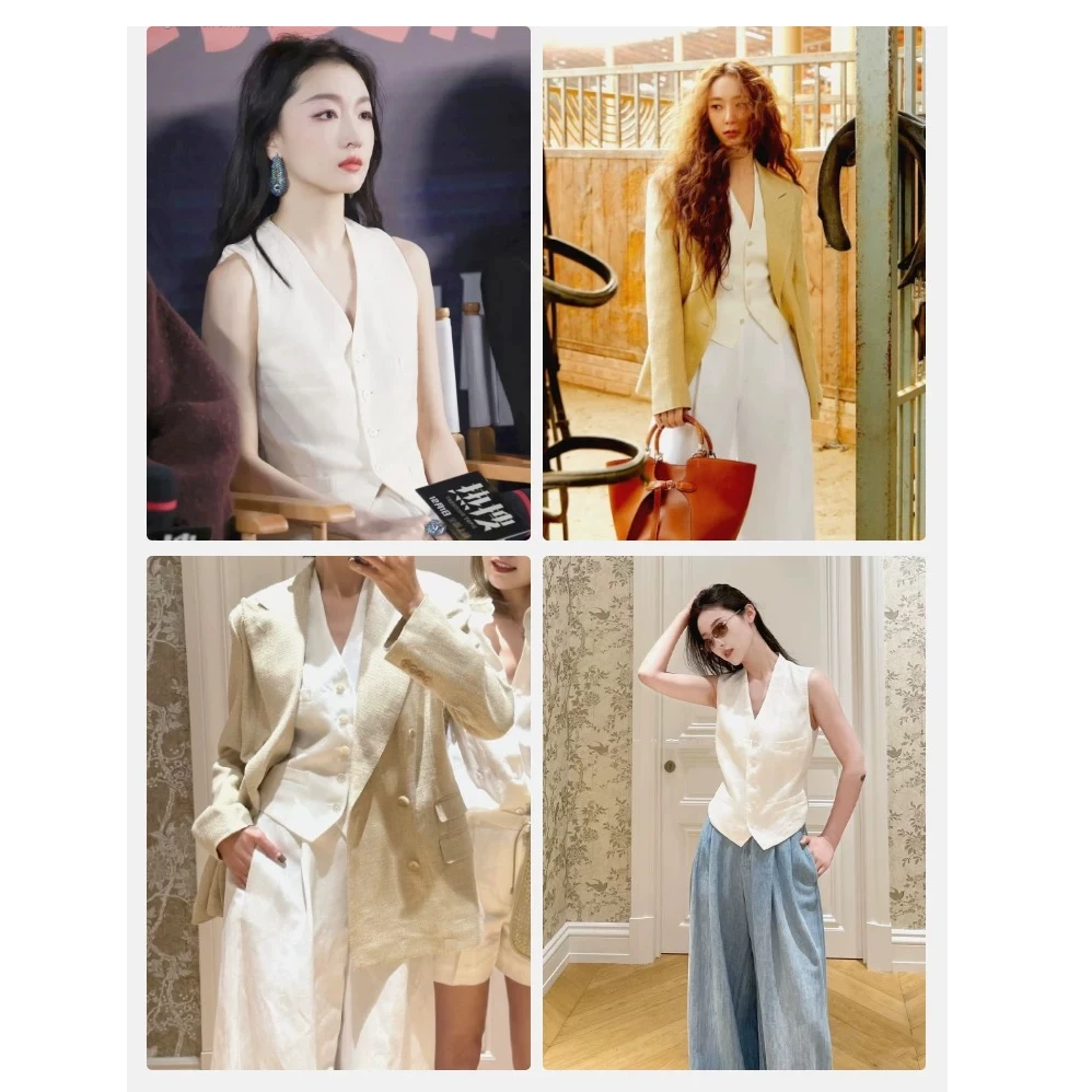 亦雯【挚爱马甲】张柏芝同款100亚麻拼接醋酸!高端马甲背心春夏新款