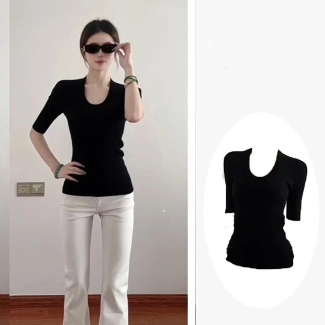 黑色正肩u领半袖T恤女春季新款修身收腰显瘦纯欲风百搭上衣