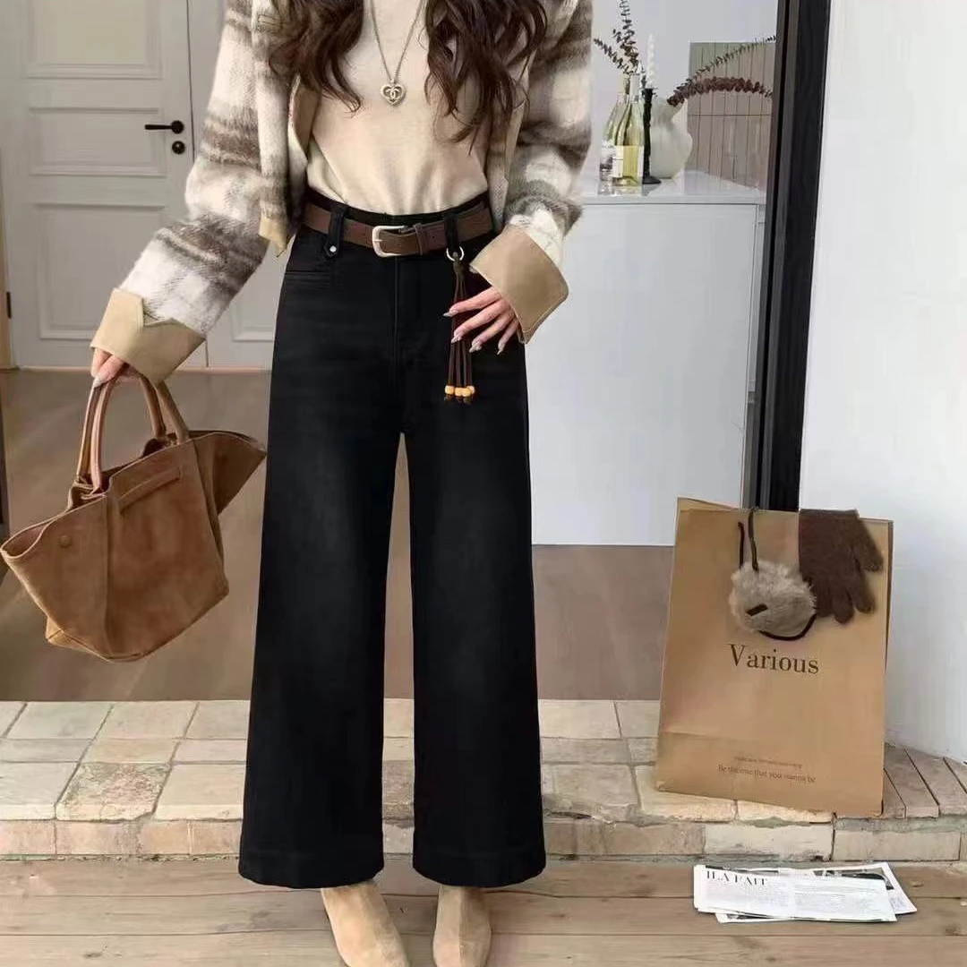 61857番外（植绒）小个子冬季牛仔裤女高腰显瘦九分阔腿裤配腰带