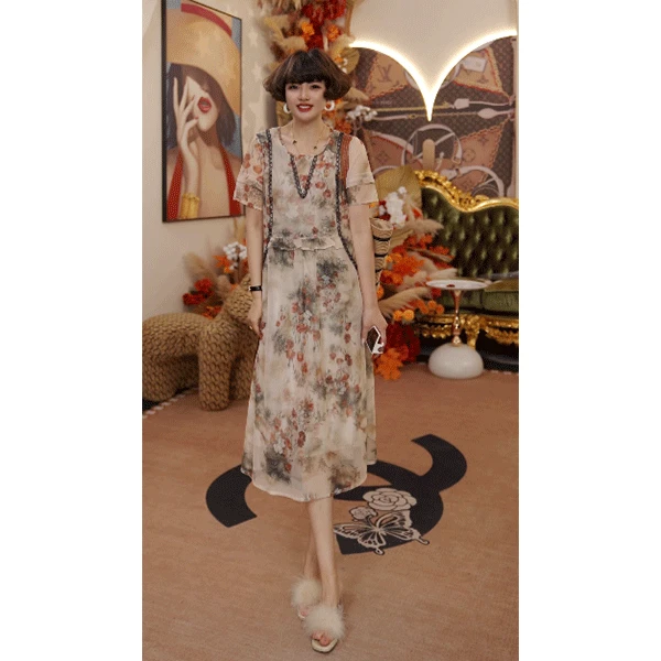 F025-2 时尚气质显瘦夏季法师中长款女士拼接连衣裙