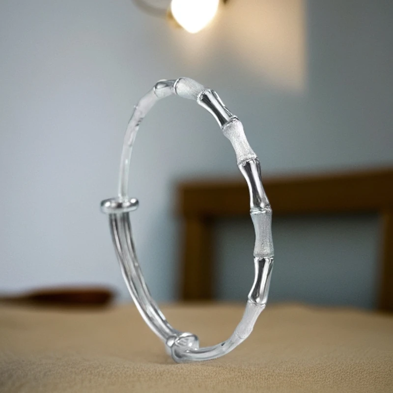 足银手镯 足银9999竹节手镯 竹报平安镯子学生版手镯情侣款可调节