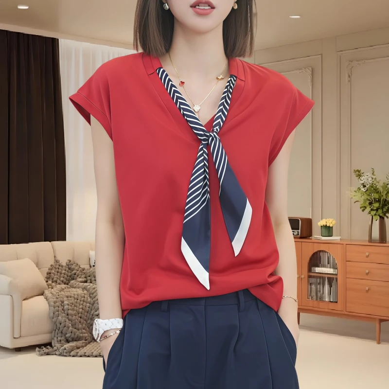 【自由旅者】2025春夏季新款时尚休闲慵懒上衣短袖V领带红色T恤