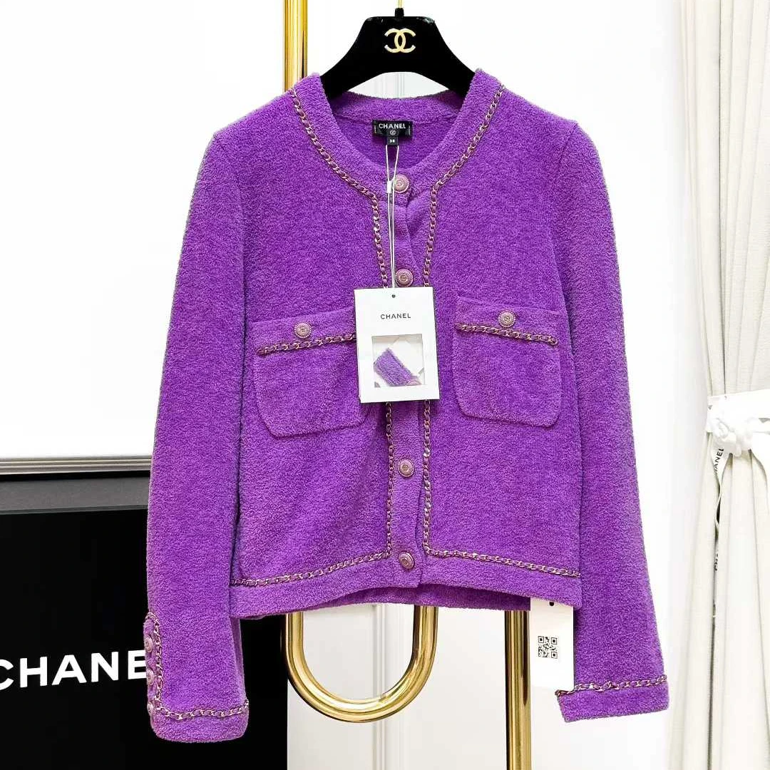 99新 Chanel/香奈儿  38码20C车站系列紫色皮穿链条开衫