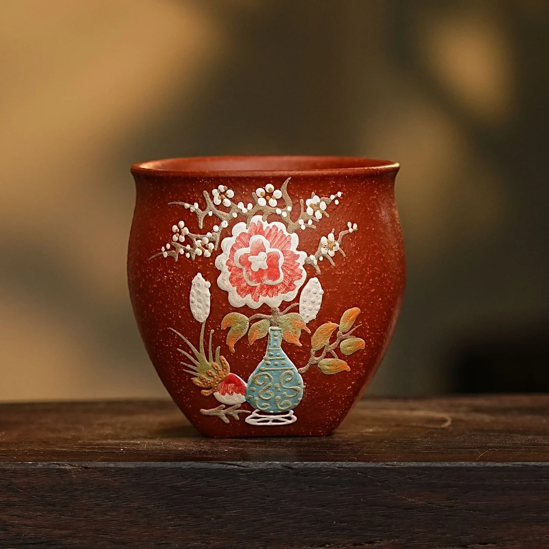 【1123桃花杯】 宜兴原矿紫砂手工堆绘桃子 天圆地方杯