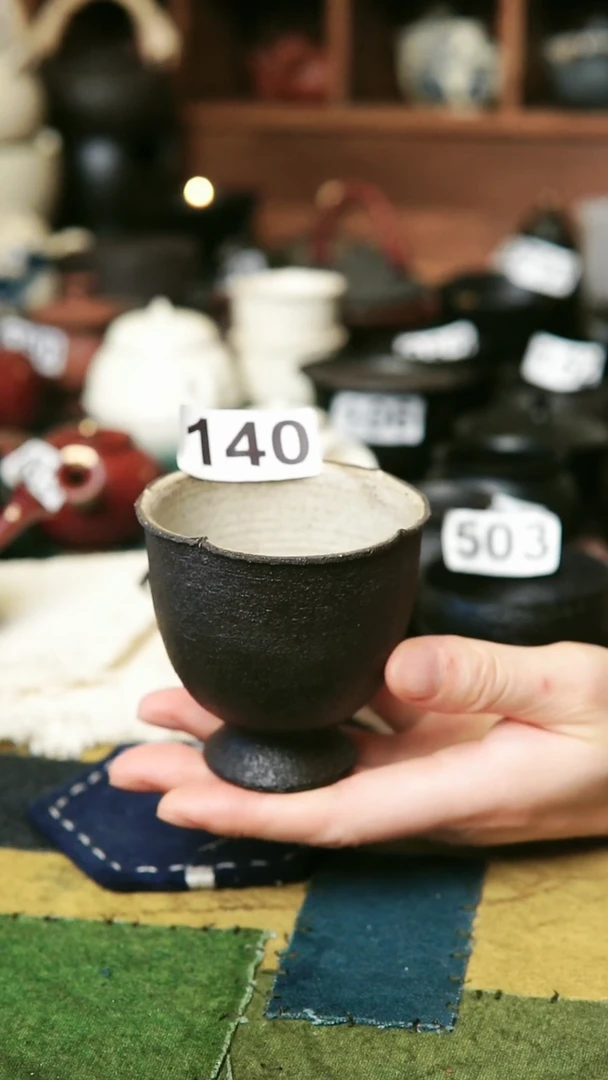 紫砂全手工黑色系列-花口高足杯
