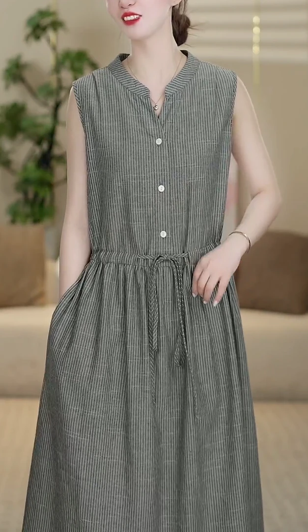 2025文艺时尚条纹遮肉收腰连衣裙休闲百搭显瘦无袖中长款裙子2706