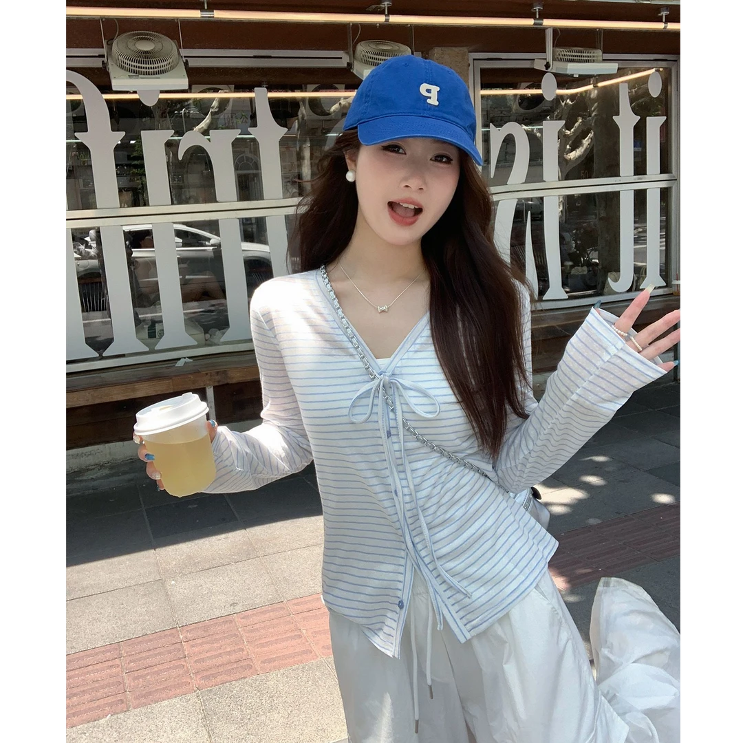 防晒条纹V领绑带开衫外套女夏季韩版宽松慵懒风长袖外搭薄款上衣