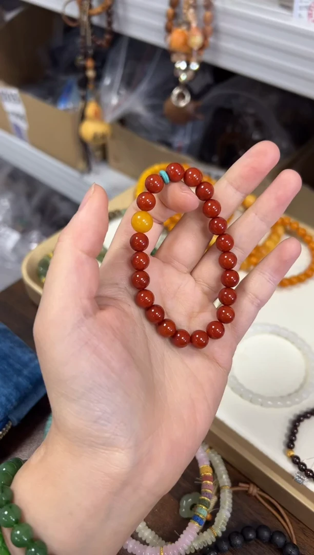未镶嵌蜜蜡手链柿子红玛瑙蜜蜡顶珠手串[1239]