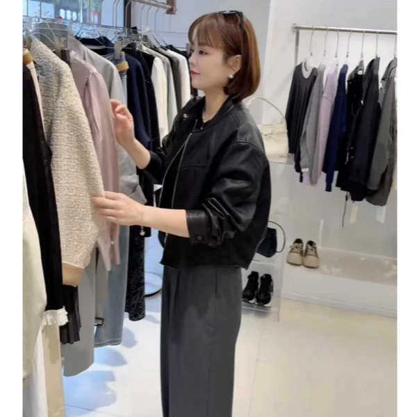 春款立领大口袋短款机车款皮衣