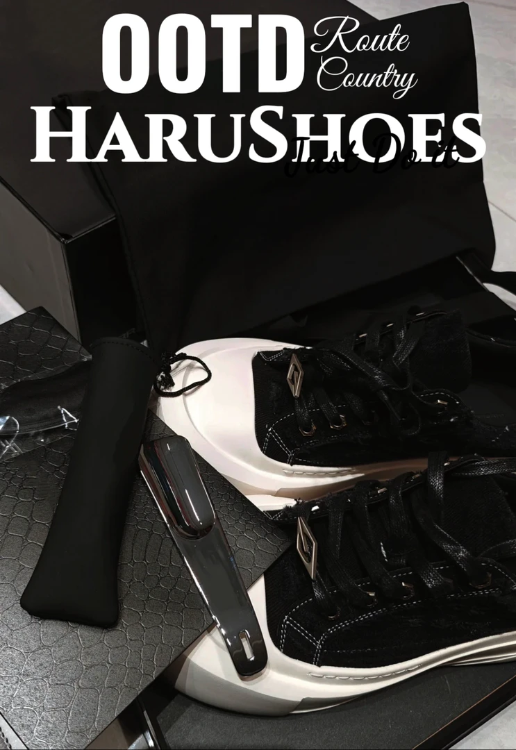 「HaruShoes」运动方头牛仔弧月板鞋黑色时尚百搭黑白经典高街复古