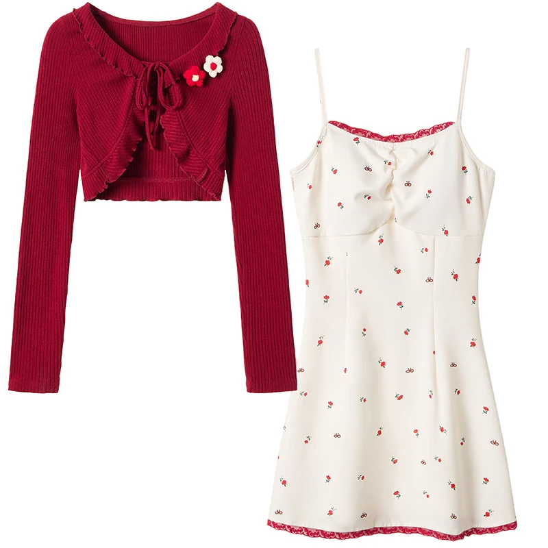 花开半夏长短 织物猪原创 甜欲风红色印花吊带连衣裙女显瘦开衫