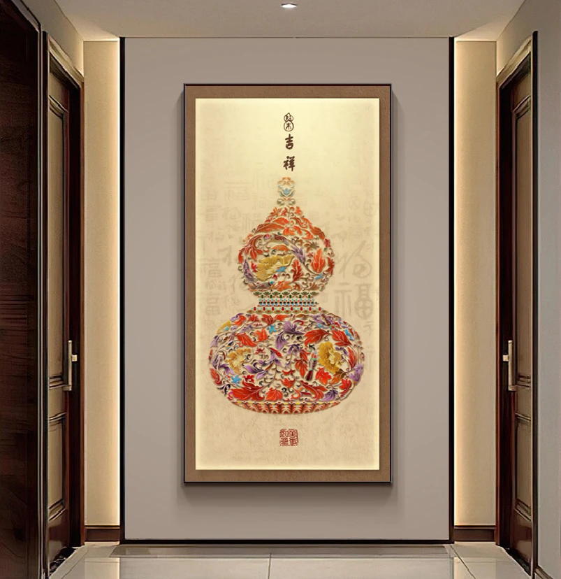 新中式葫芦挂画入户玄关装饰画福禄吉祥图客厅正对门走廊过道壁画