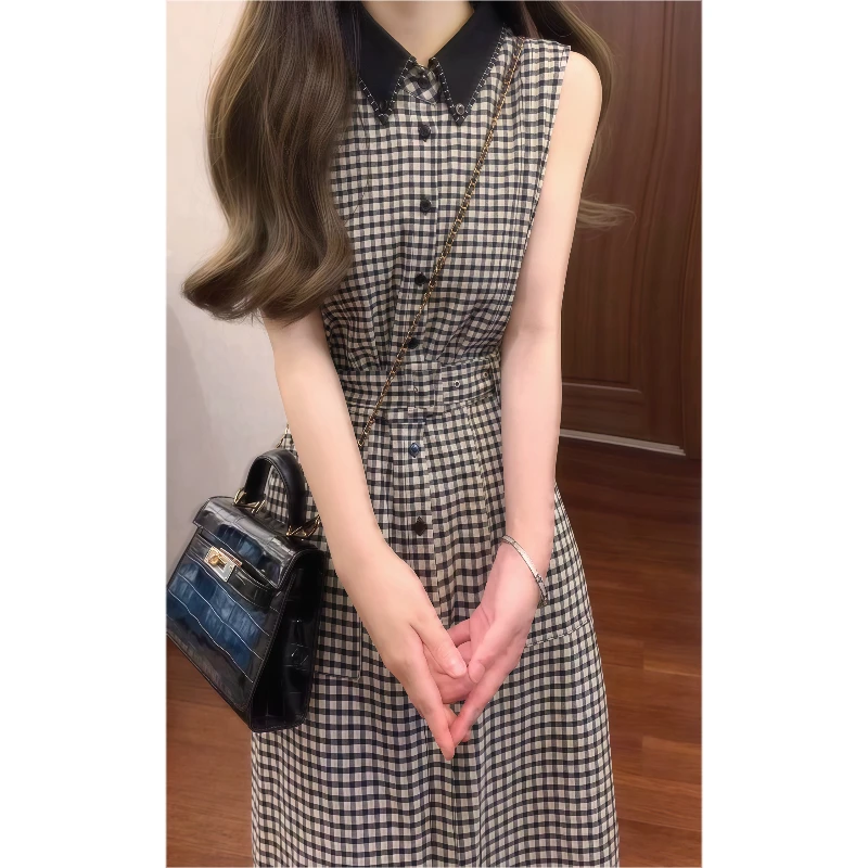 【维斯比画报】极简主义高品质手工缝线格纹连衣裙收腰背心长裙9508