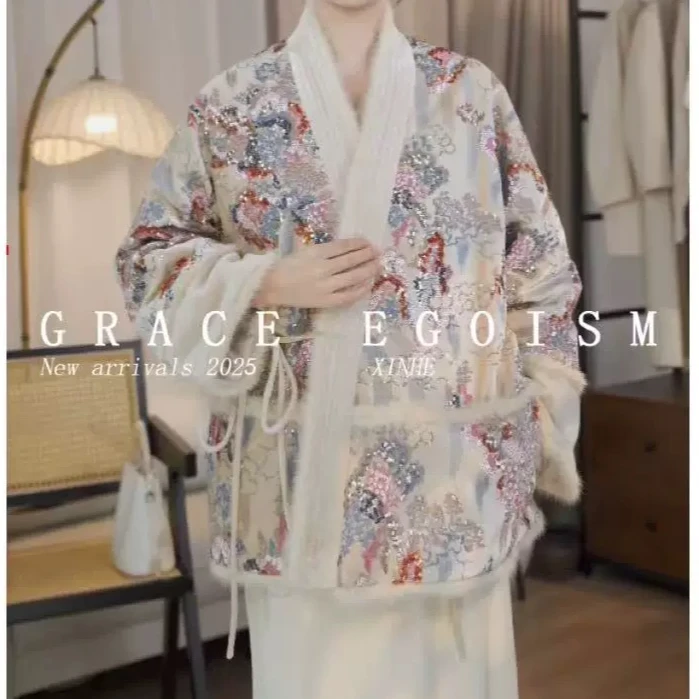 【星河墨砚】冬款国风重工钉珠绣水貂毛拼接羽绒服